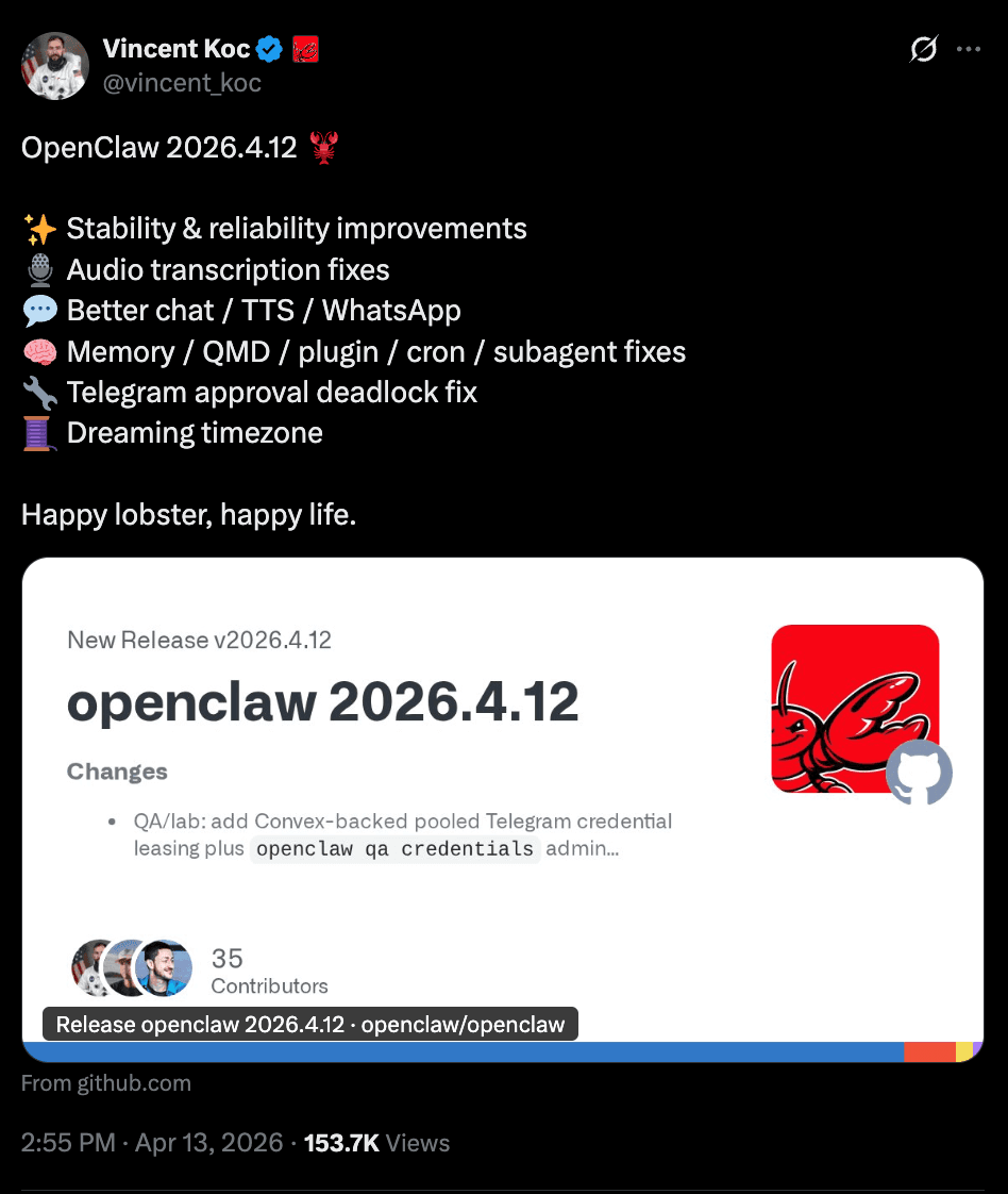 OpenClaw v4.12 release