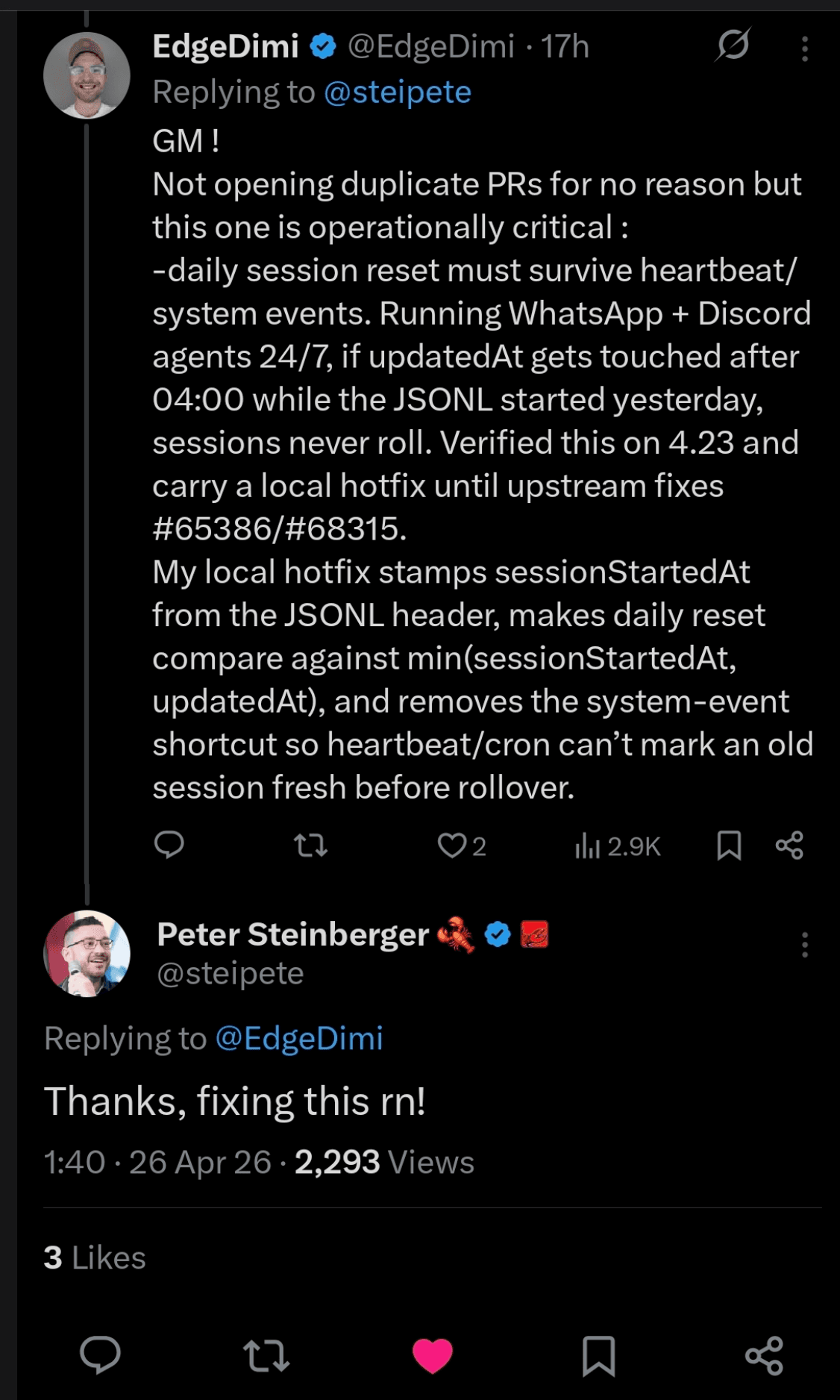 Public X reply from Peter Steinberger acknowledging the OpenClaw session-reset issue