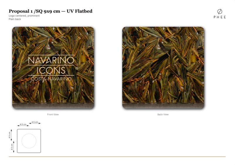 Navarino Icons coaster proposal, front and back view with ISO dimensions